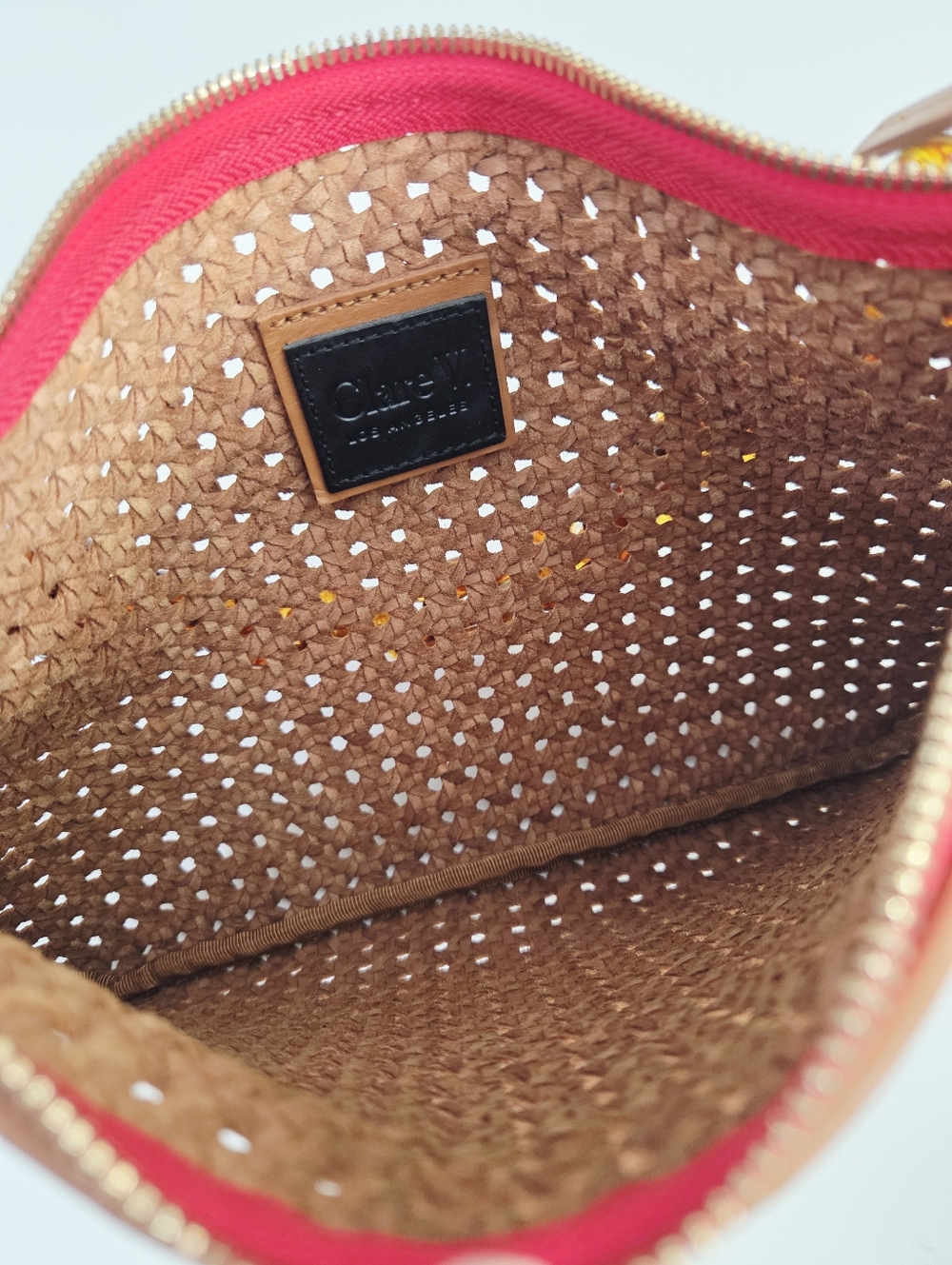 CLARE V FLAT CLUTCH BAG WITH TABS - TAN RATTAN LEATHER + TORTOISE RESIN SHORTIE - Picture 5 of 11